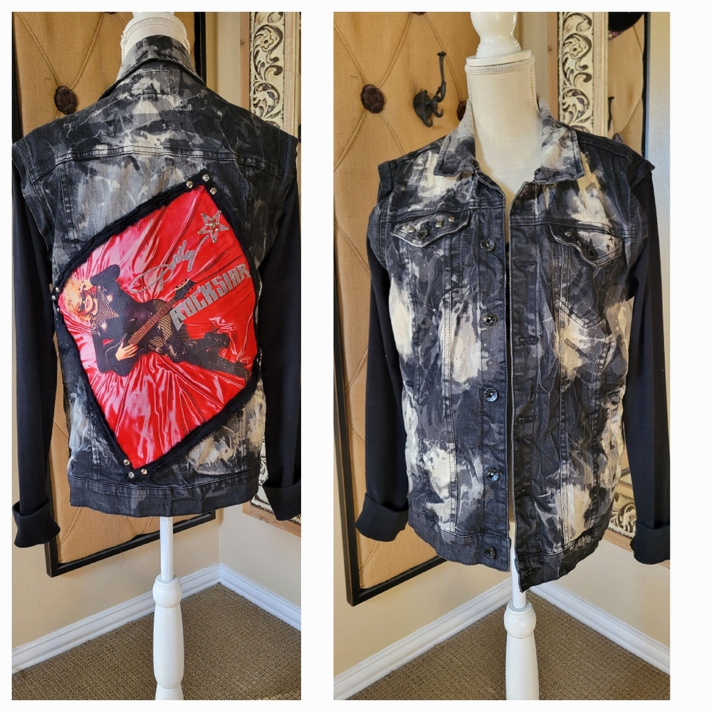 Upcycled Denim Jacket with Rockstar Dolly Tshirt Design.